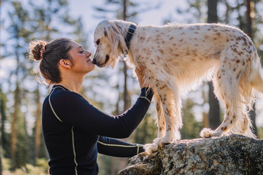 Kvinne i svart genser klapper en hvit og brunflekket hund som står på en stor stein i skogen, med trær og blå himmel i bakgrunnen.